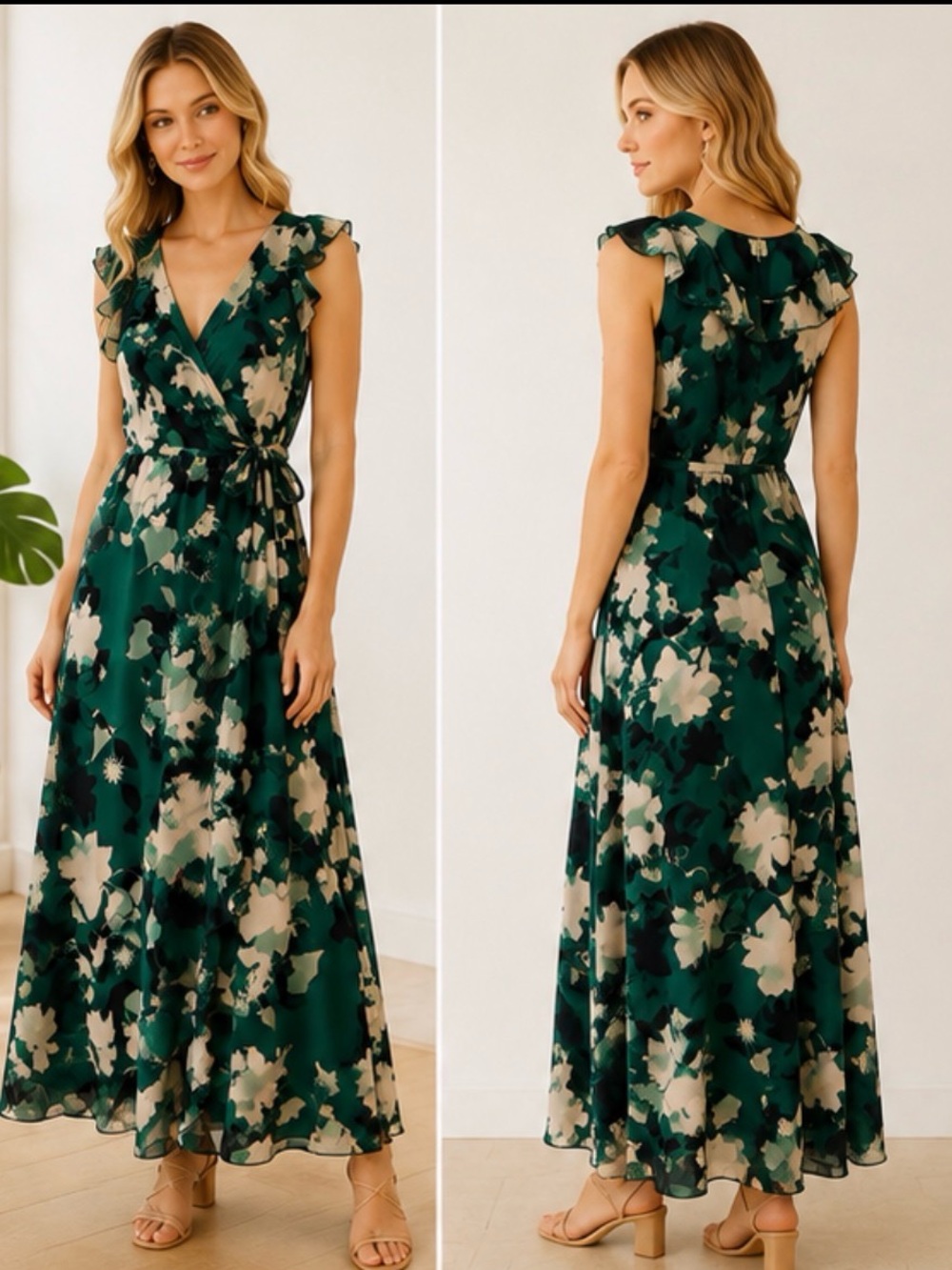Japna Green Floral Wrap Maxi Dress with Cream Accents